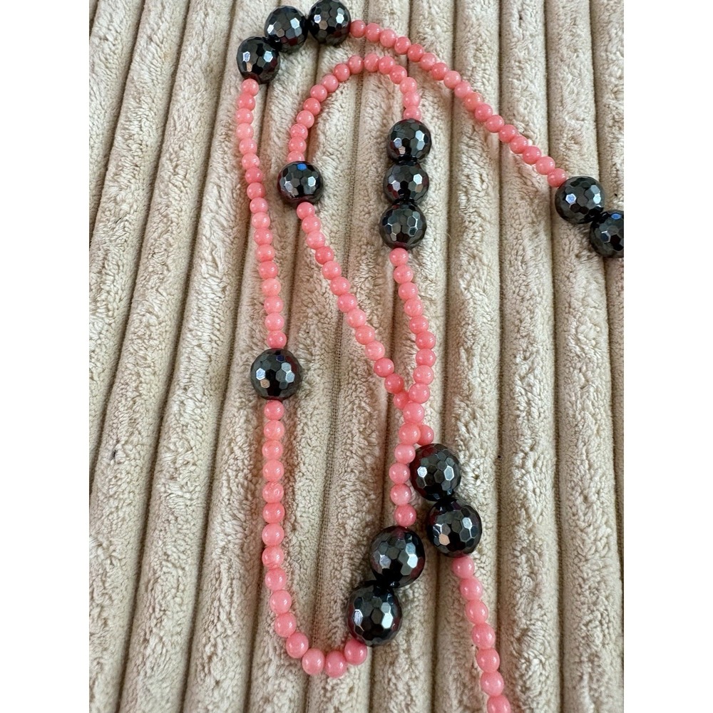 Vintage Hematite And Pink Coral Beaded Necklace 18 in‎ Heavy High Quality